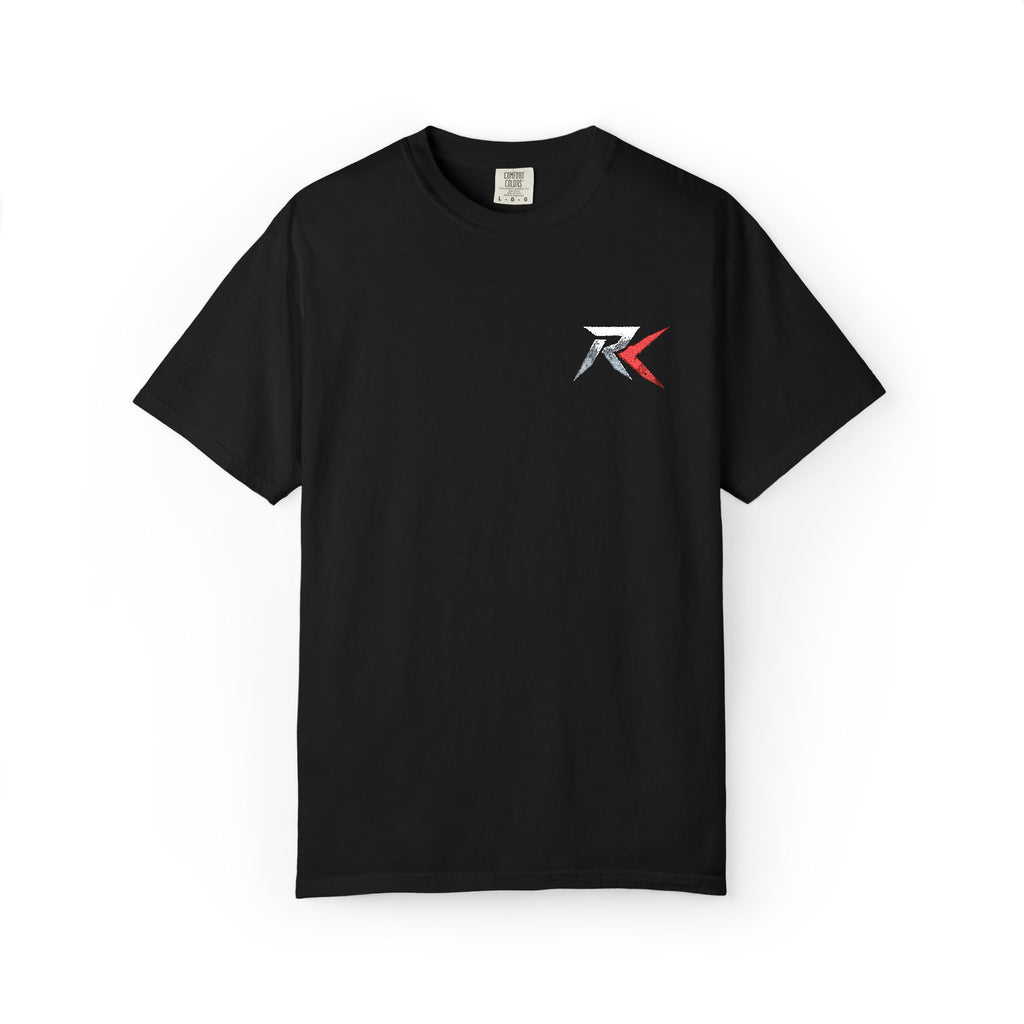 RK Pixel Flag Black T-Shirt — Subtle Red White Blue Logo Tee