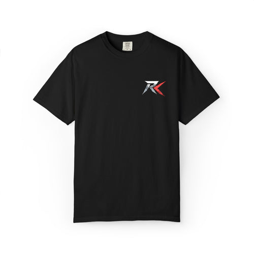RK Pixel Flag Black T-Shirt — Subtle Red White Blue Logo Tee