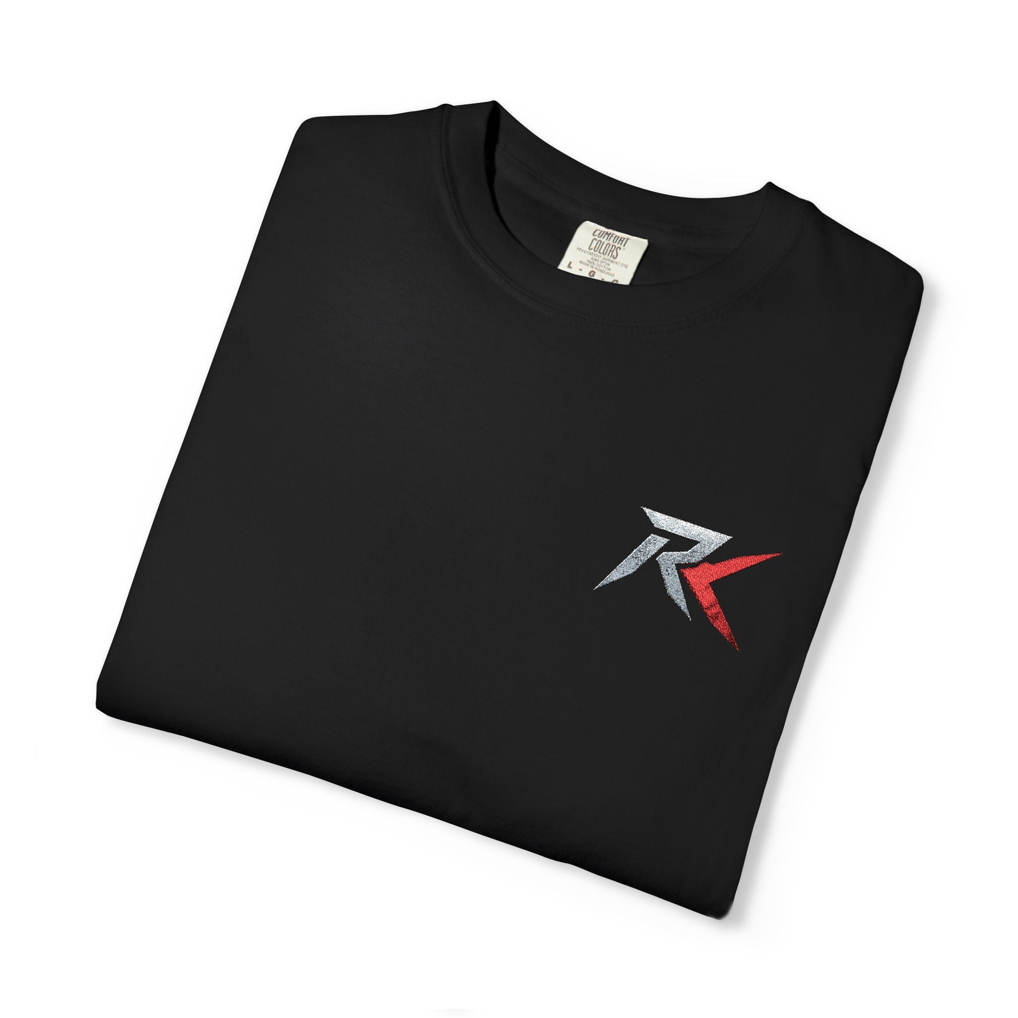 RK Pixel Flag Black T-Shirt — Subtle Red White Blue Logo Tee